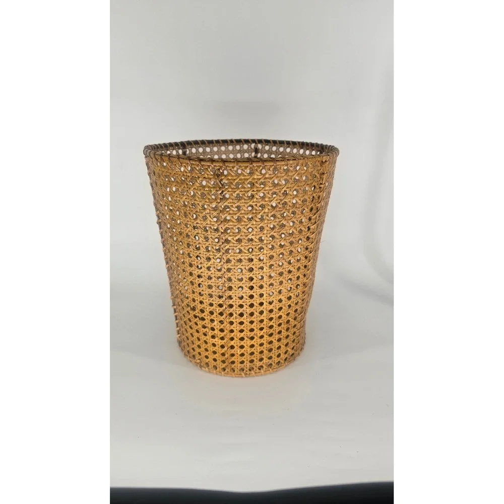 Vintage Woven Cane Wastebasket Boho Rattan Planter Cover Mid Century Modern 10in